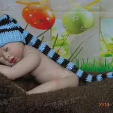 Детская шапочка ручной работы, вязаная крючком полосатая светло-голубая/коричневая шляпа эльфа, Рождественская шляпа для новорожденных, реквизит для фотосессии