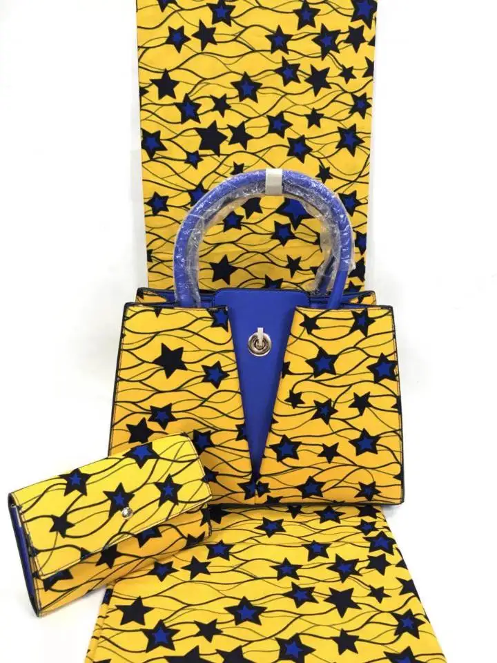 

6Yards Fashionable yellow and blue stars printed pattern hollandais wax fabric african big handbag set for party VB31