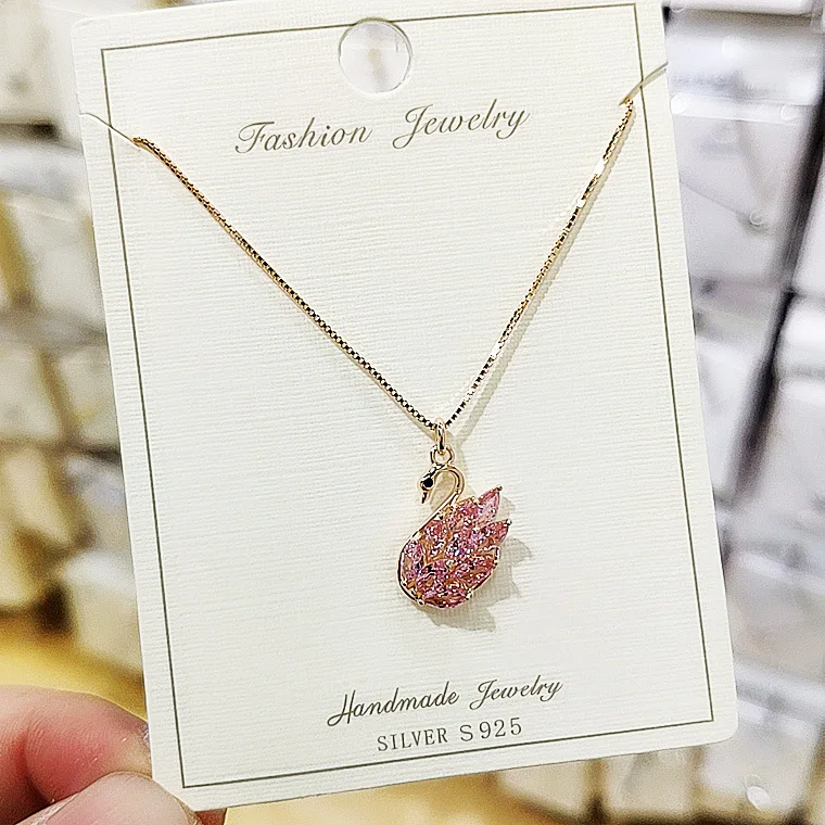 pink swan full zircon pendant necklace woman 100% 925 Sterling silver nacklace Jewellery Clavicle chain pendant charms gift