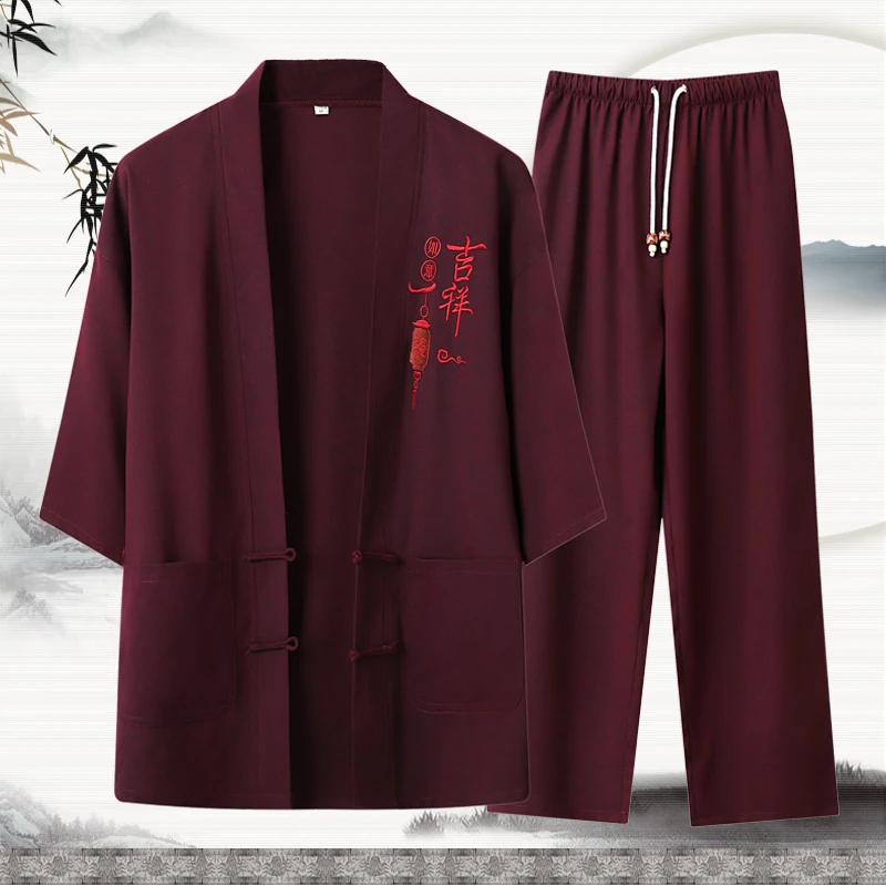 Мужские летние Tangzhuang Twinset, винтажная туника, рубашка и штаны, костюм, комплект из 2 предметов, штаны, мужские восточные наряды, этнический ансамбль, Homme