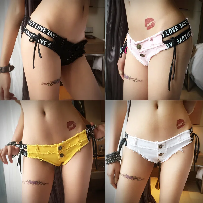 

2019 summer sexy women's denim shorts hollow bandage punk rock ultra low waist shorts beach casual white party club streetwear