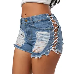 Сексуальный джинсовый бандаж шорты женские рваные шорты с завышенной талией Горячие летние джинсовые шорты женские джинсовые шорты