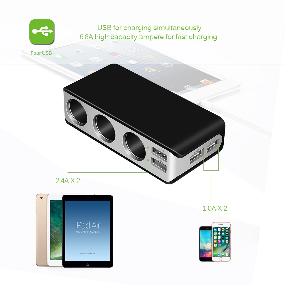 Автомобильное зарядное устройство Powstro с 4 usb-портами для iPhone 8 x xs iPad samsung, зарядное устройство для мобильных телефонов с 3 гнездами для прикуривателя, мощность 120 Вт