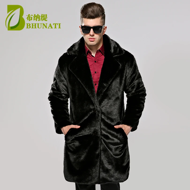 

BHUNATI Men Faux Fur Coat Turn-down collar Long Sleeve Casual Zipper Hoody Articifical Fur Jackets Winter Warm Coat Outwear