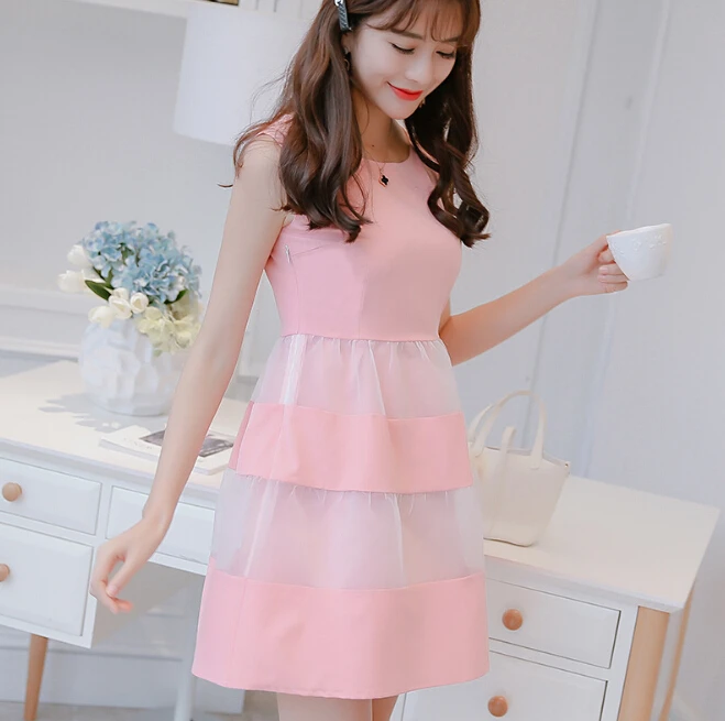 

Summer dress clothing cute sleeveless dress Korean patchwork O-neck slim high waist sky blue pink fashion bodycon dress Vestidos
