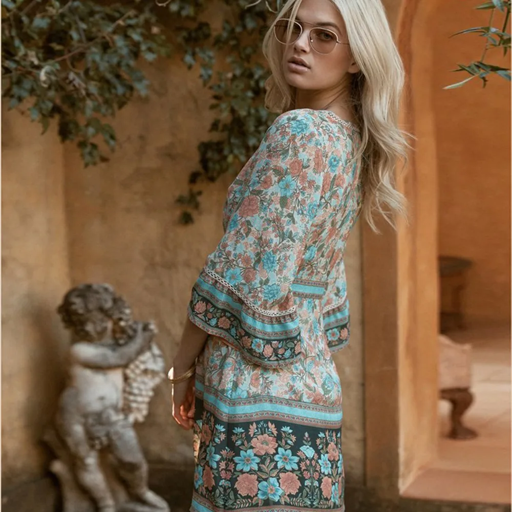 Женское мини платье с цветочным принтом Boho хиппи летнее короткое коротким