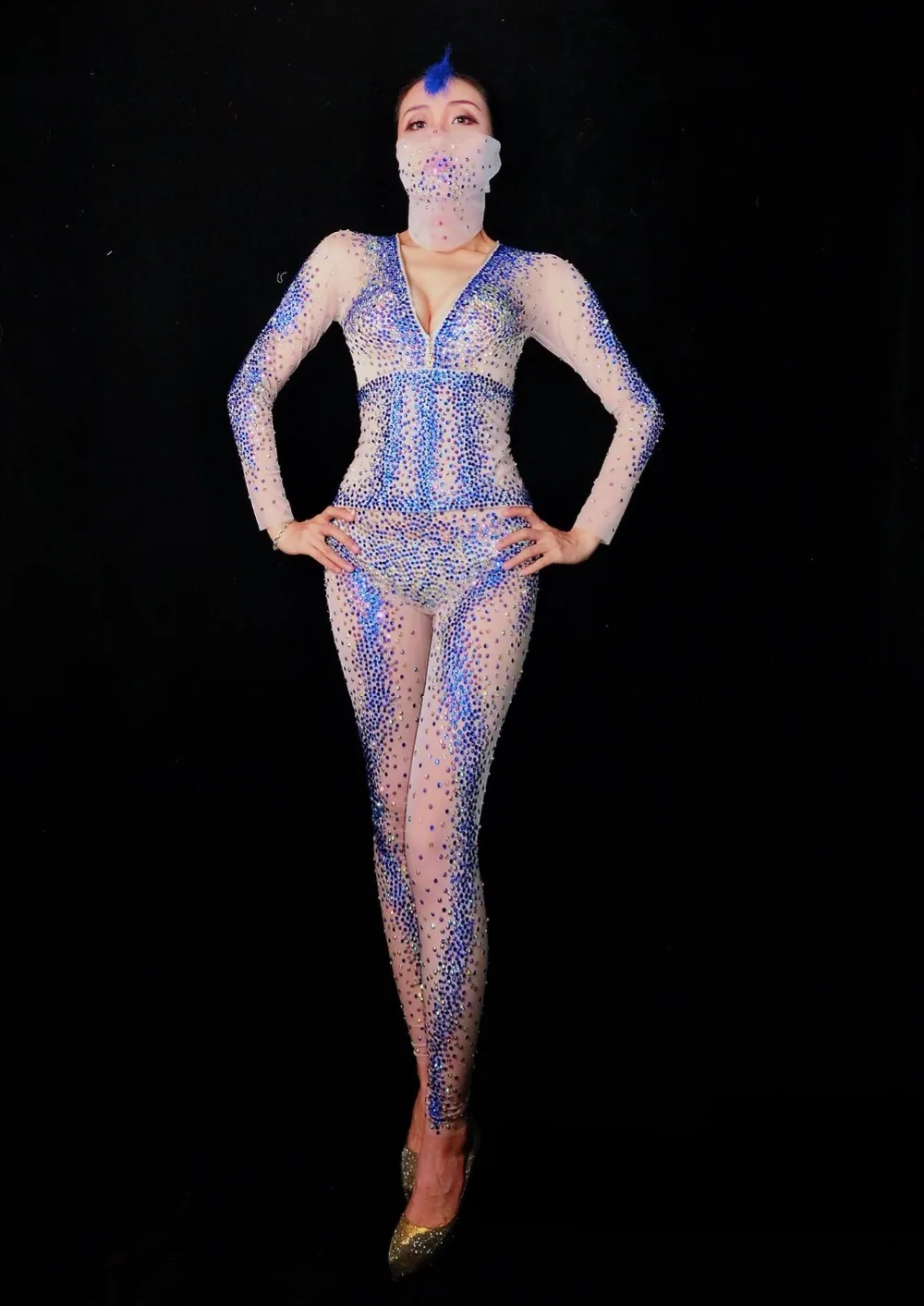 Plein Rhinestones Discothèque Strass Rose Barboteuses Tenue Haute Sexy Danse Salopette white Rhinestones Dj Costume Femmes Rhinestones pink Hôte fin Scène Bleu Chanteur Perspective Blue De q0CCYBw