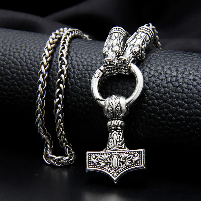 Men Double Wolf Head Viking Necklace Pendant Antique Silver Plated High Quality Chain Necklace Hammer Talisman Ethnic Jewelry Men Double Wolf Head Viking Necklace Pendant Antique Silver Plated High Quality Chain Necklace Hammer Talisman Ethnic Jewelry