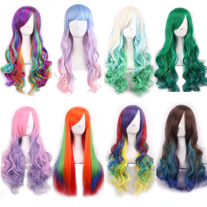 

Fashion Cheap Long Wavy Straight Harajuku Lolita Ombre Wig With Bangs Synthetic Hair White Green Purple Colored Wigs For Women