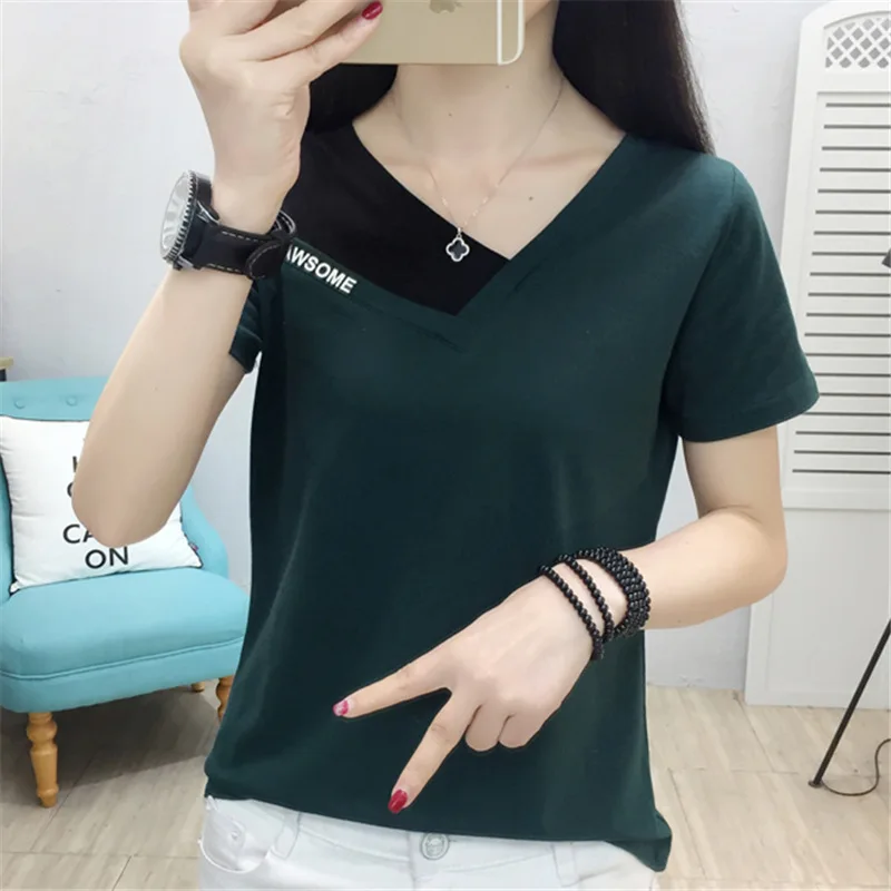 

2019 Fashion Summer Women Cotton Shirts Short Sleeve T-Shirts V-Neck Tees Off Shoulder Patchwork Casual Female T-Shirt Plus Size