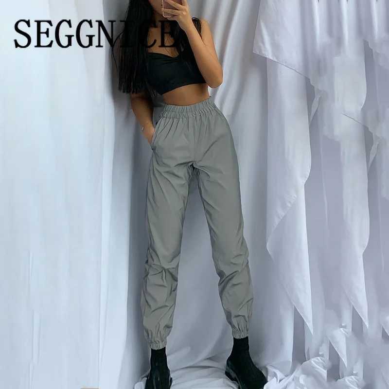 

Women Sweatpant Reflective Pants Joggers Hip Hop Dance Show Elastic Waist Pants Night Jogger Baggy Beam Foot Harem Trousers 2019