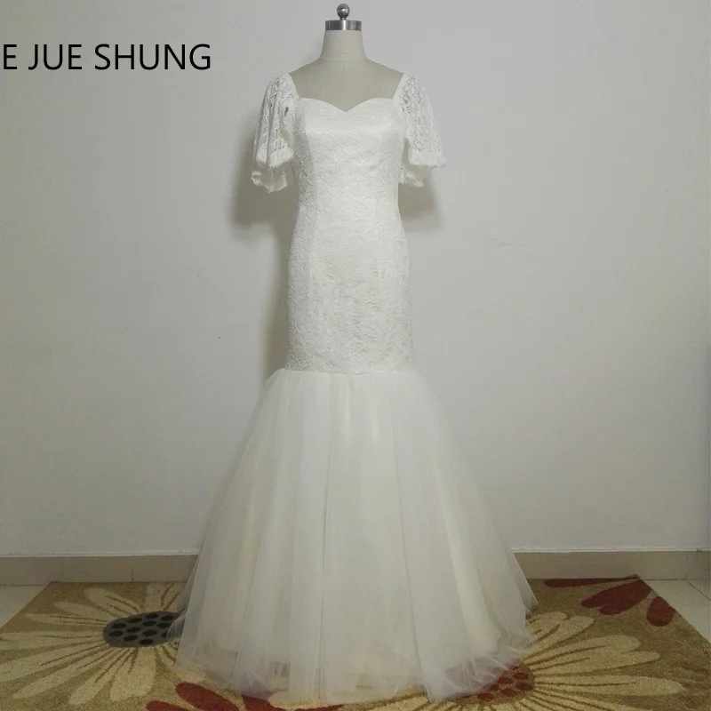 

E JUE SHUNG White Lace Cheap Mermaid Wedding Dresses Sweetheart Flare Sleeves Lace Up Back Wedding Gowns robe de mariee