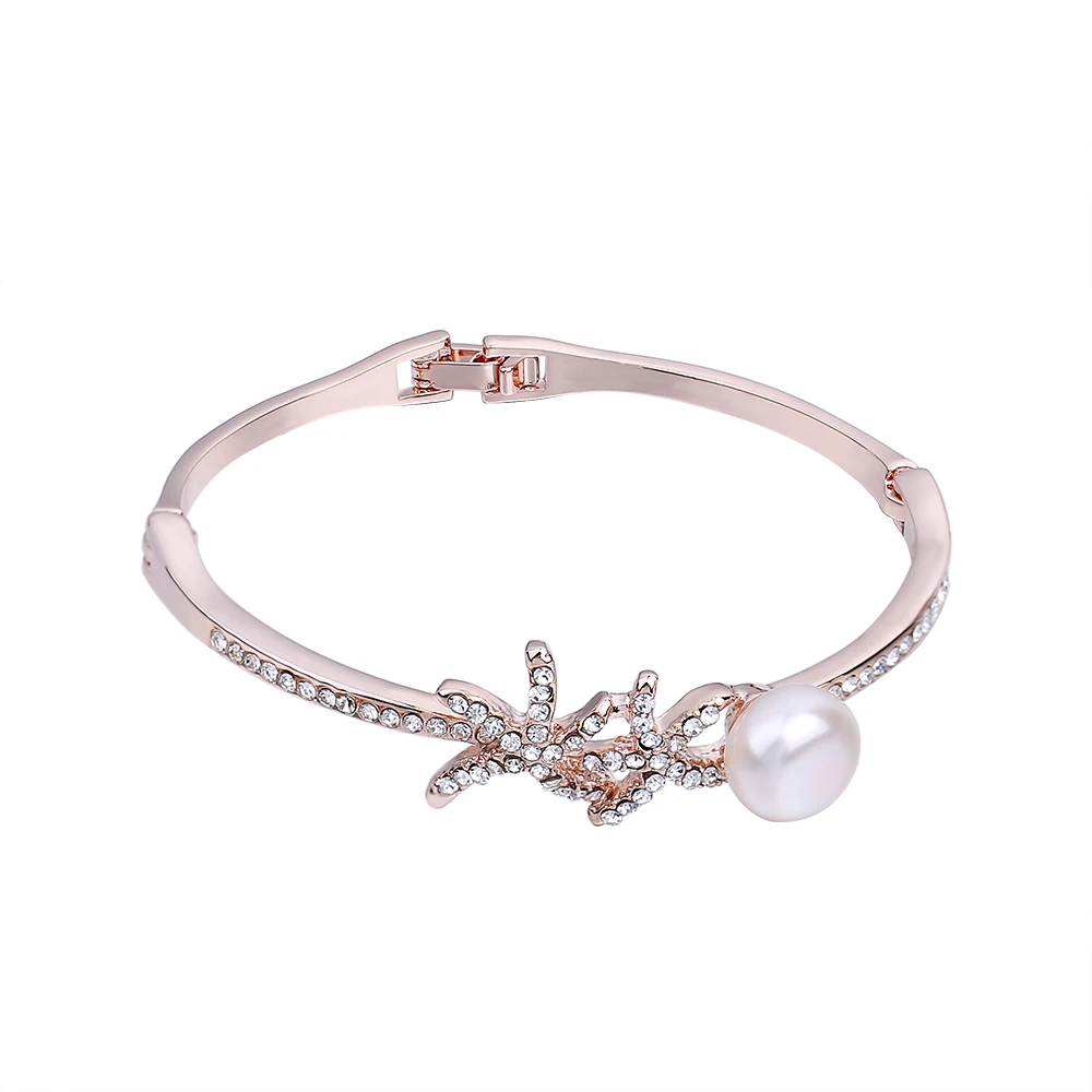 

Rose Gold Color Zinc Alloy Charm Bracelet Femme Jewelry Rhinestones Freshwater Pearl Bracelets Bangles For Women Wedding Gifts