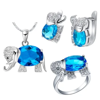 

Ring Luxury Women's Necklace Earrings Jewelry Sets SA build hot models colorful stone blue elephantCZ Luxury Ms. girl