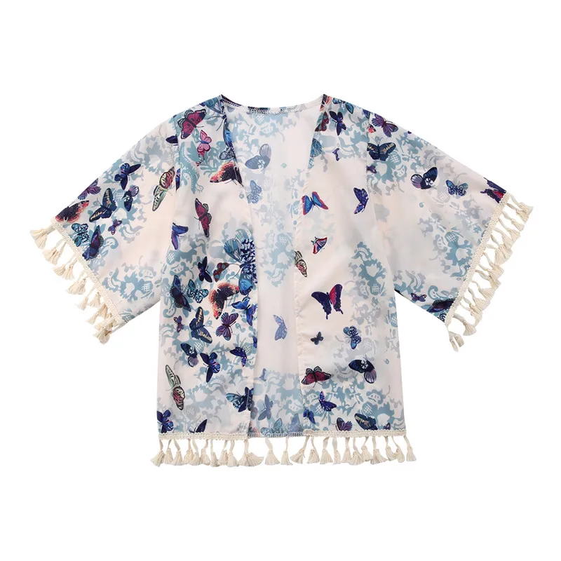 

Summer Fashion Toddlers Kids Shirt Clothing Kimono Tassel Cotton Blouse Tops Animal Print Cardigan V-Neck Kids Shirts Girls