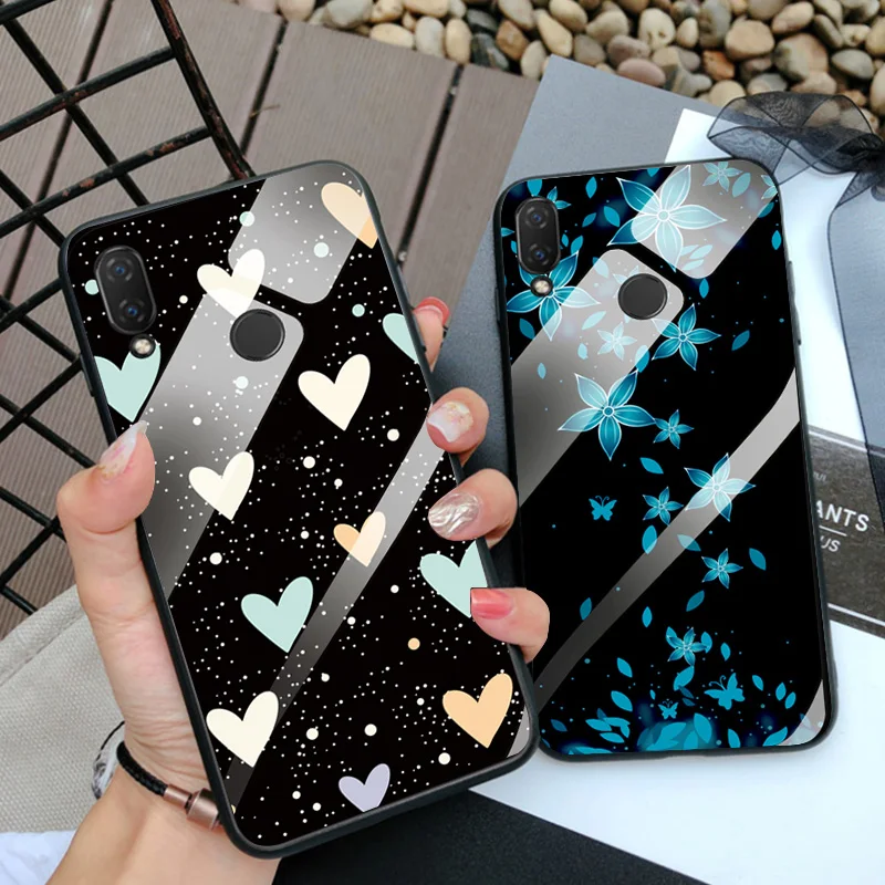 

Tempered Glass Case For Huawei P Smart 2019 Case Lotus Pattern Shockproof Glossy Cover For Huawei P Smart Case TPU Black Frame