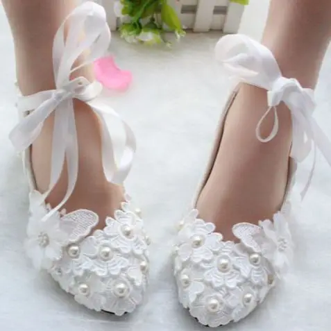 

White lace flowers wedding shoes woman handmade low high heels sexy satin riband straps bridesmaid shoes bridal pumps