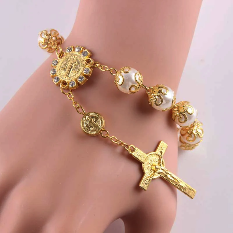 

Religious Jesus Cross Bracelet Girls Female Gold Silver Beads San Benito Alloy Boho Charms Bracelets For Women Jewelry Bijoux