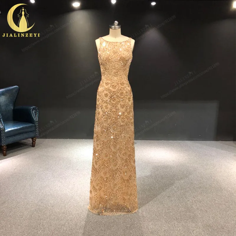JIALINZEYI Real Afbeelding Luxe Gold Volledige Hand Kralen Crystal Sexy Backless floor lengte Formele Jurken Avondjurk 2019 JIALINZEYI Real Afbeelding Luxe Gold Volledige Hand Kralen Crystal Sexy Backless floor lengte Formele Jurken Avondjurk 2019