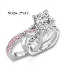 Luxury Female pink blue Ring Set Bridal Sets High Quality silver Filled Jewelry Vintage Wedding Rings For Women Girlfriend Gift