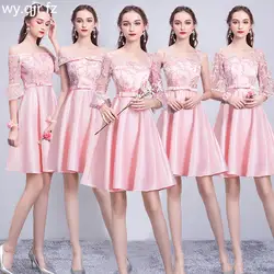 ASL53F # персиковые розовые серые платья подружки невесты цвета шампань короткие кружевные новые сестры группа брак банкет Выпускной платье