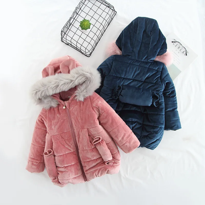 

DFXD Winter Children Girls Long Jacket High Quality Fashion Big Fur Collar Soild Hooded Cotton Padded Coat Thick Velvet Outwear