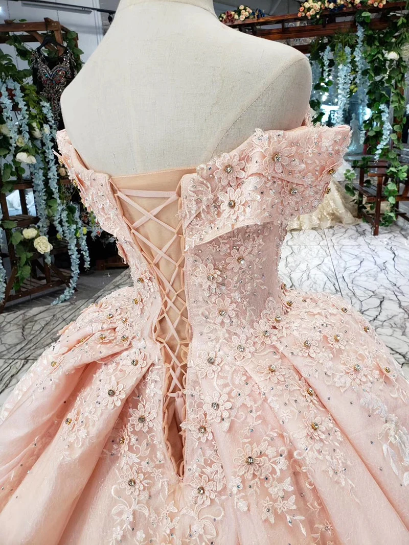 HTL154-2 pink bride dress party brush train off shoulder sweetheart crystal lace evening gown dresses kleider damen abendkleid (7)
