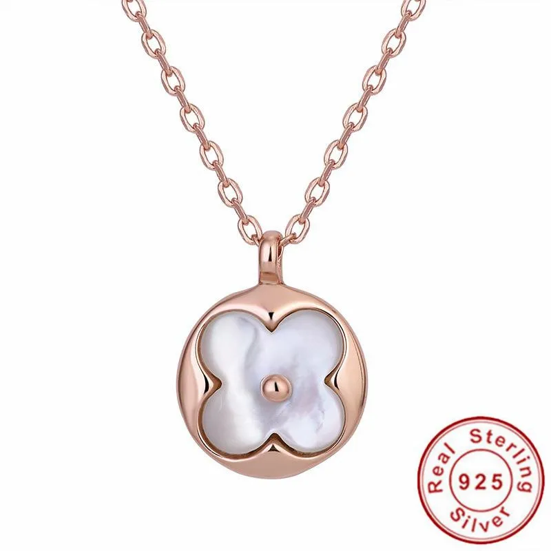 

White Mother Of Pearl Four Leaf Necklace Silver 925 Round Amulet Necklace Women
