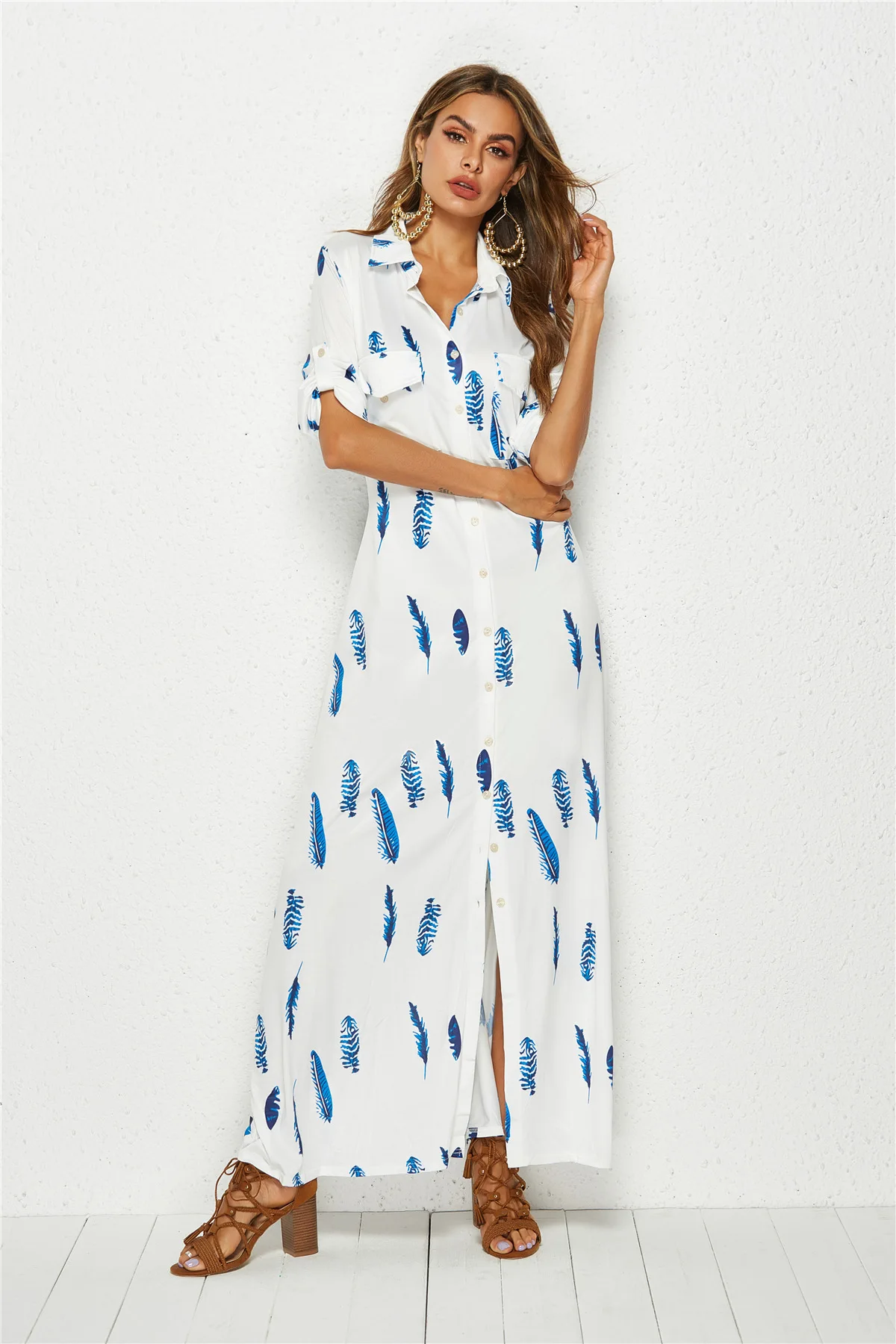 

Feather Print Maxi Dress 2019 Office Lady Turn-down Collar Button Long Shirt Dress Women Autumn Summer Middle Sleeve Dress