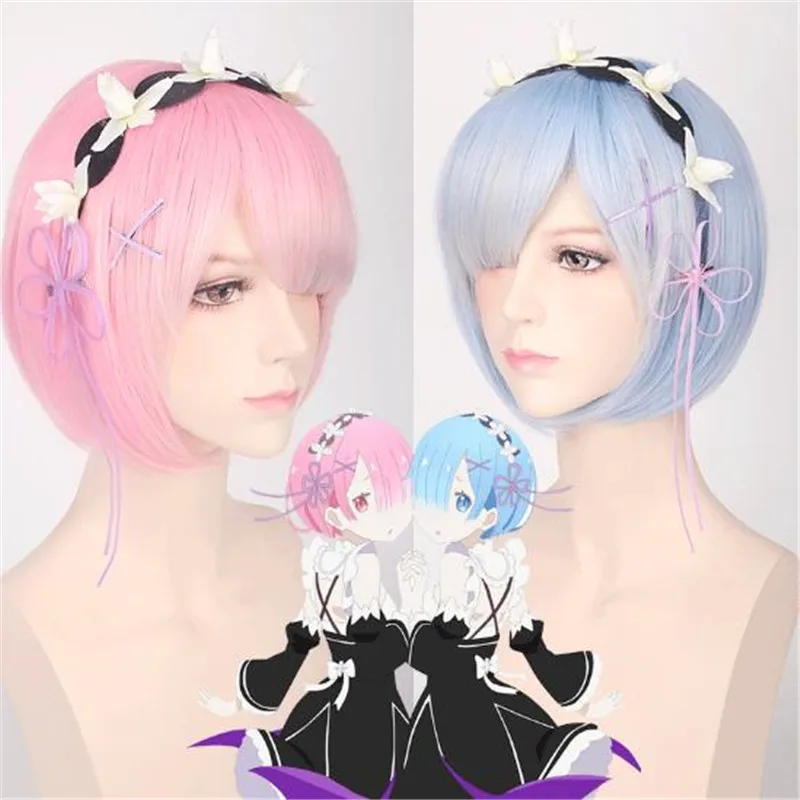 

2018 Anime Re: A Different World Life From Scratch Cosplay Ram Rem Wig Halloween Christmas Bar Party Women Toupee