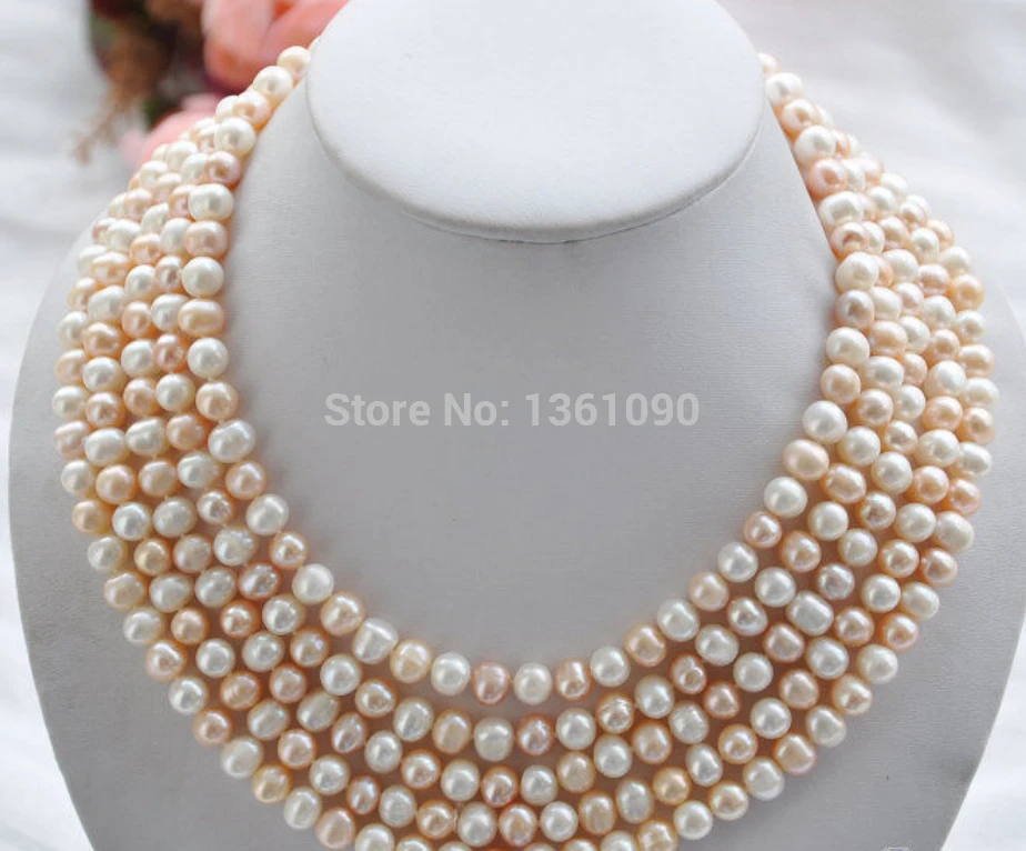 

00469 5row 16~19" 8mm round pink white freshwater pearl necklace AAA