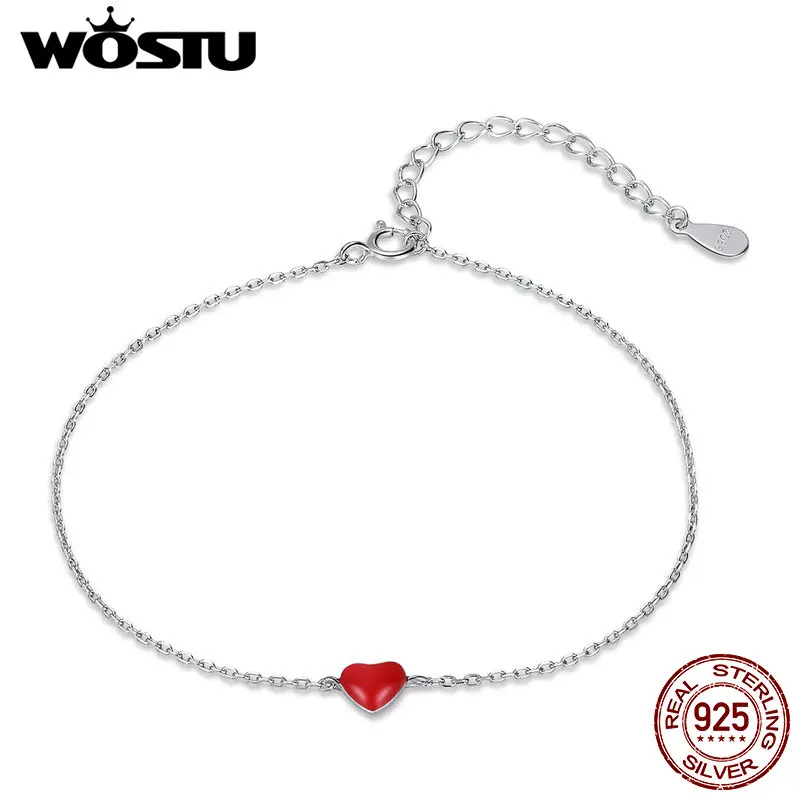 WOSTU Настоящее серебро 925 пробы модный эмалевый браслет с красным сердцем для