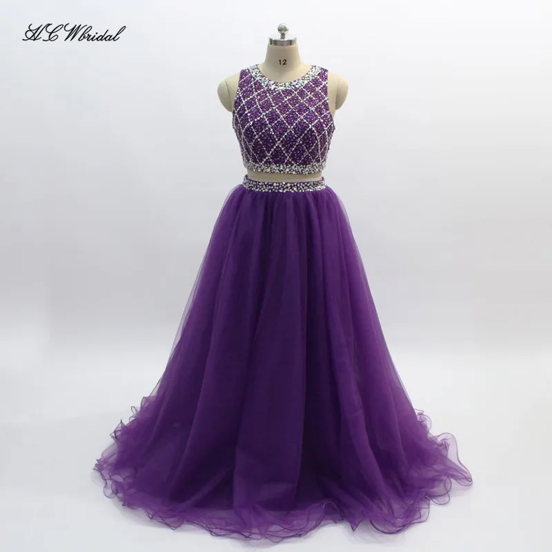 

2019 New Purple Two Piece Prom Dresses Sparkly Beaded Crystals Tulle Floor Length Long Evening Party Gowns Vestido De Festa