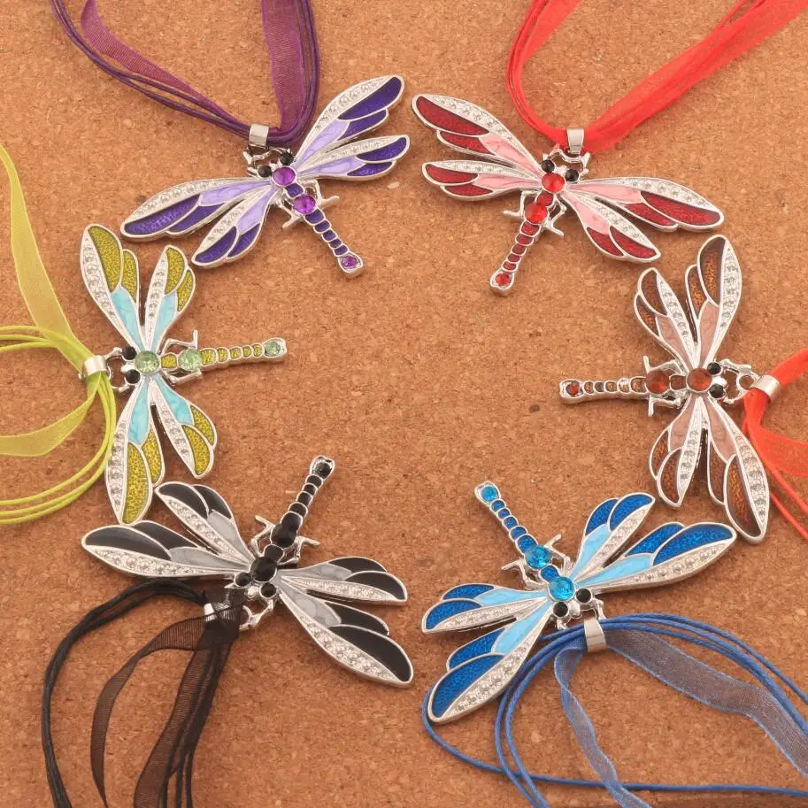 

6Colors Vintage Enamel Dragonfly Crystal Pendant Necklaces Organza String Necklace fashion Jewelry N1833