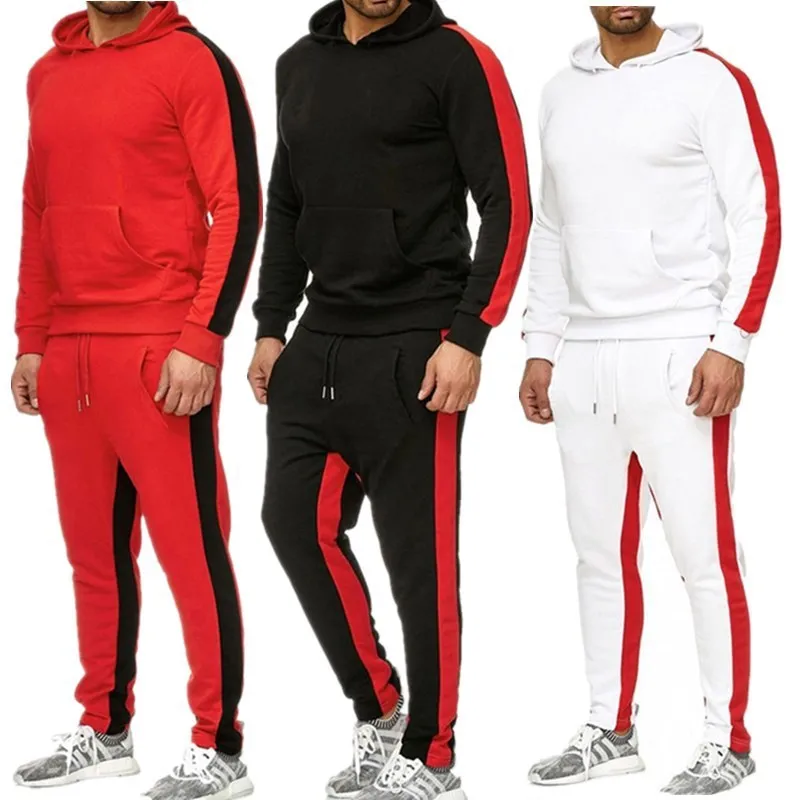 

2 Pieces Sets Tracksuit Men New Brand Spring Autumn Hooded Sweatshirt +Drawstring Pants Male Stripe Patchwork Hoodies 2019