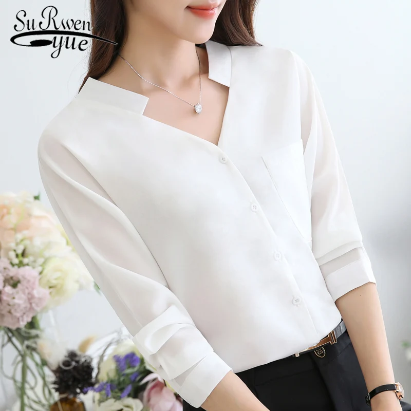 

womens tops and blouses Spring summer new v-neck white female long-sleeved chiffon loose Korean temperament wild shirt 2215 50