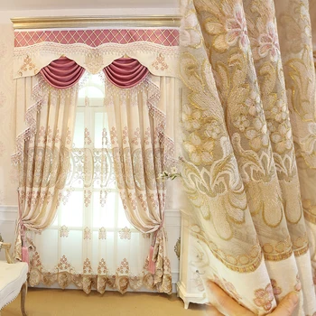 

Custom curtain Chenille embroidered yarn high-class modern European marry room cloth blackout curtain valance tulle sheer E691