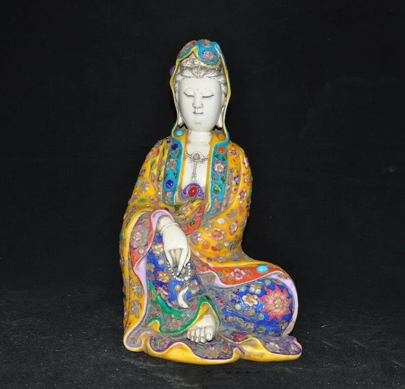 Свадебное украшение китайский фарфор WUCAI филигранная эмаль инкрустирован драгоценным камнем Kwan-Yin статуя Гуаньинь Будды