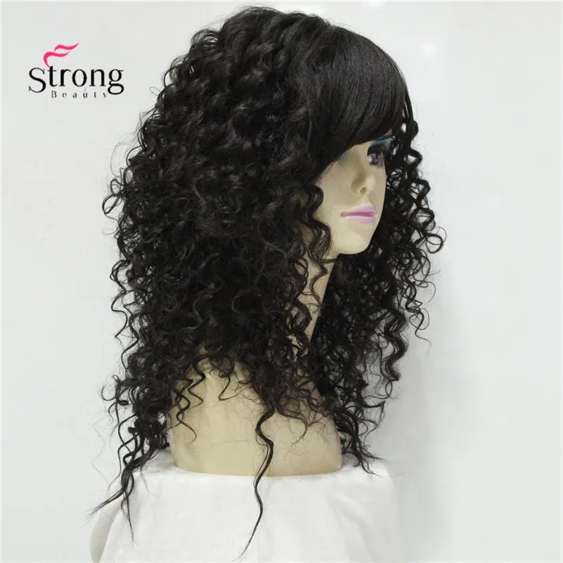 H-WG931 4# Long Spiral Curls Dark Brown High Heat Full Synthetic Wigs with Bangs(2)