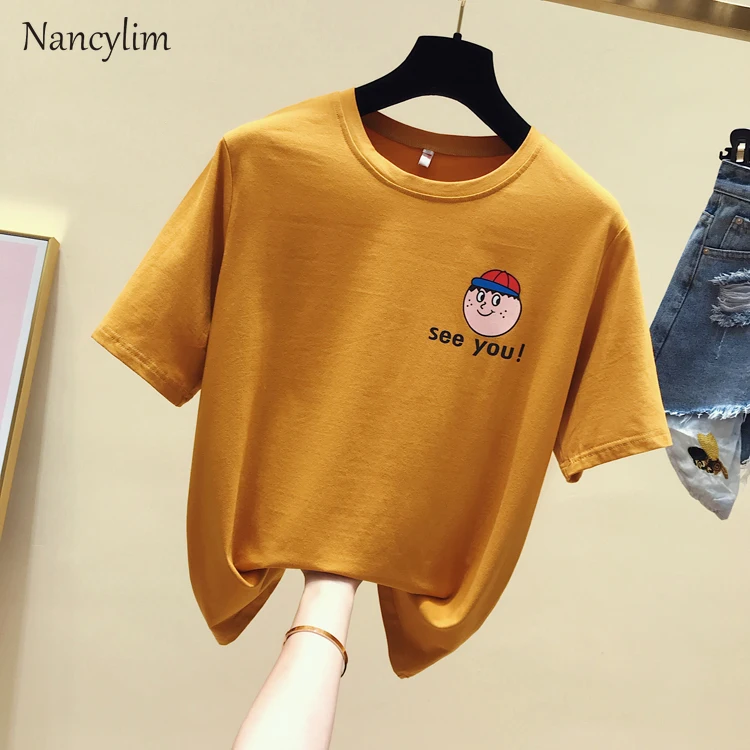 

Summer Tshirts Lady 2019 New Cartoon Letter Printing Student Pure Cotton T-shirt Female Short Sleeve All Match Shirts Coats