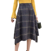 Клетчатые юбки Зима Весна Винтаж Высокая талия Асимметричный Saia Jupe Femme Faldas рабочая одежда до колена Свободная Офисная Женская юбка