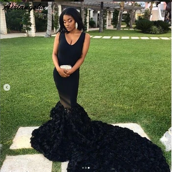 

Black Mermaid Long Prom Dresses 2019 New Sleeveless Sweep Strain Flowers V Neck Formal Evening Dress Prom Gowns Custom Made