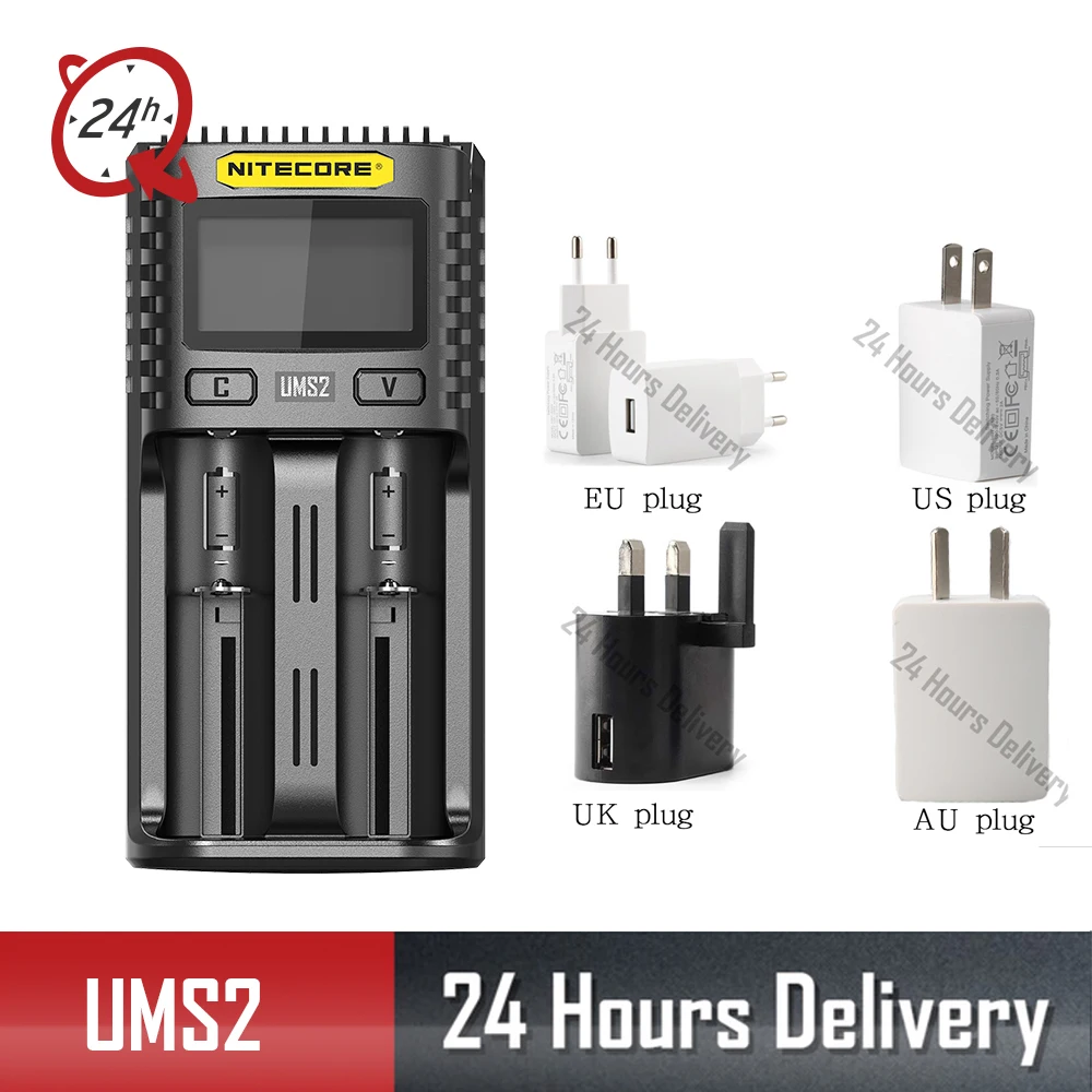 

NITECORE UMS2 Intelligent Battery Charger USB Output 3A for LiFePO4 Lithium Ion Ni-MH NiCd 18650 10340 10350 10440 10500 + Plug