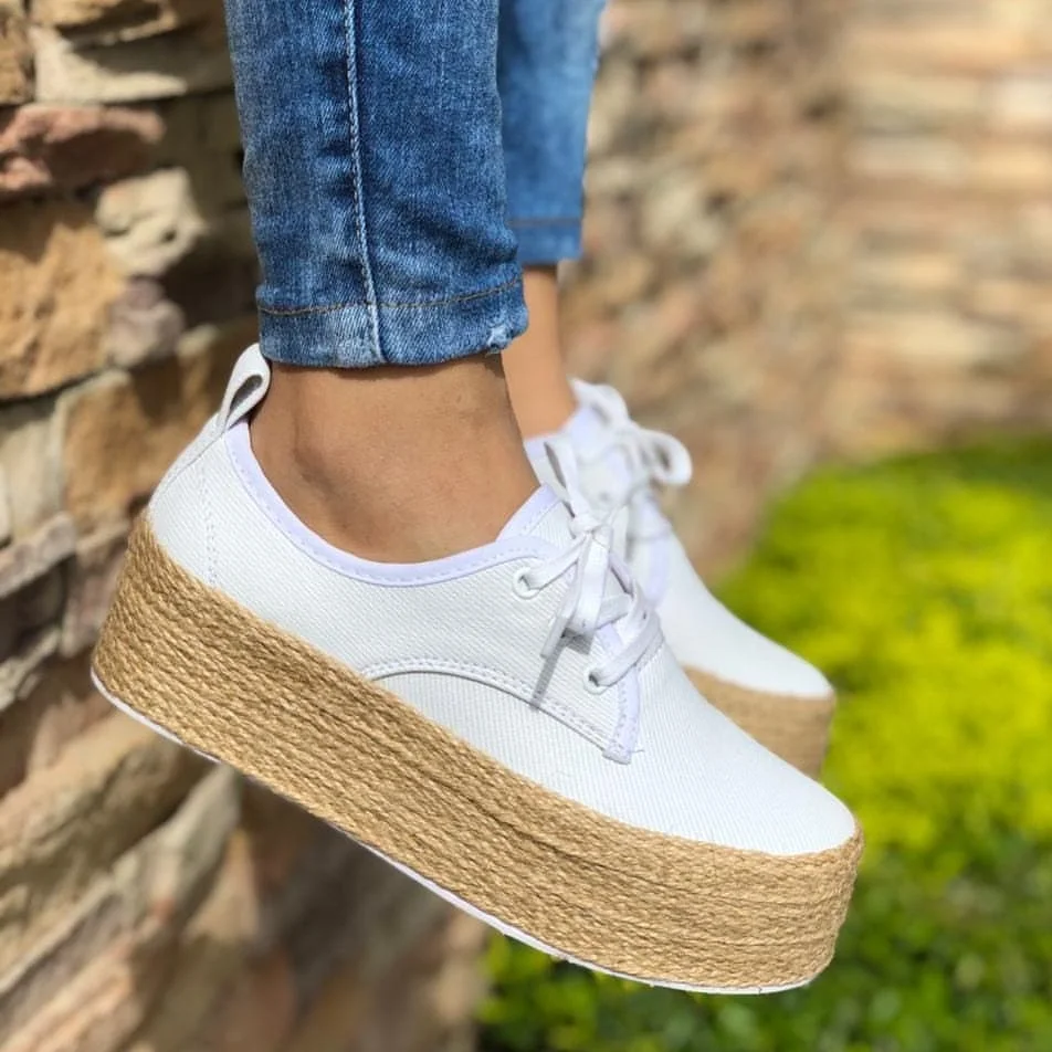 

Laamei 2019 Fashion Women Ladies Espadrille Shoes Canvas Thick bottom Flats Shoes Girls Lace up Round Toe Casual Flats