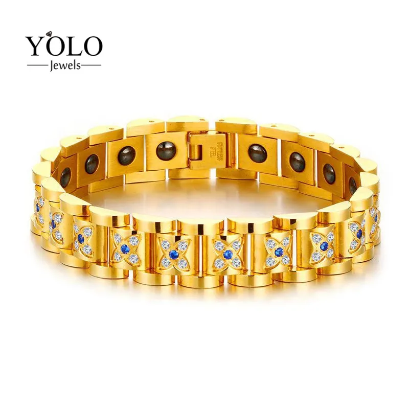 

Men's Stainless Steel Magnetic Gold Color Bracelet Couple Bracelet with Blue AAA Cubic Zirconia Never-oxidize Hypo-allergenic