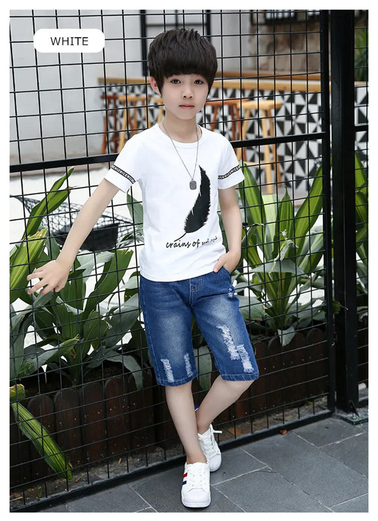4-14 y boys summer set clothing 2019 boy child tracksuit kids sets knee length jeans pants children t-shirts boys 10 12 years (2)