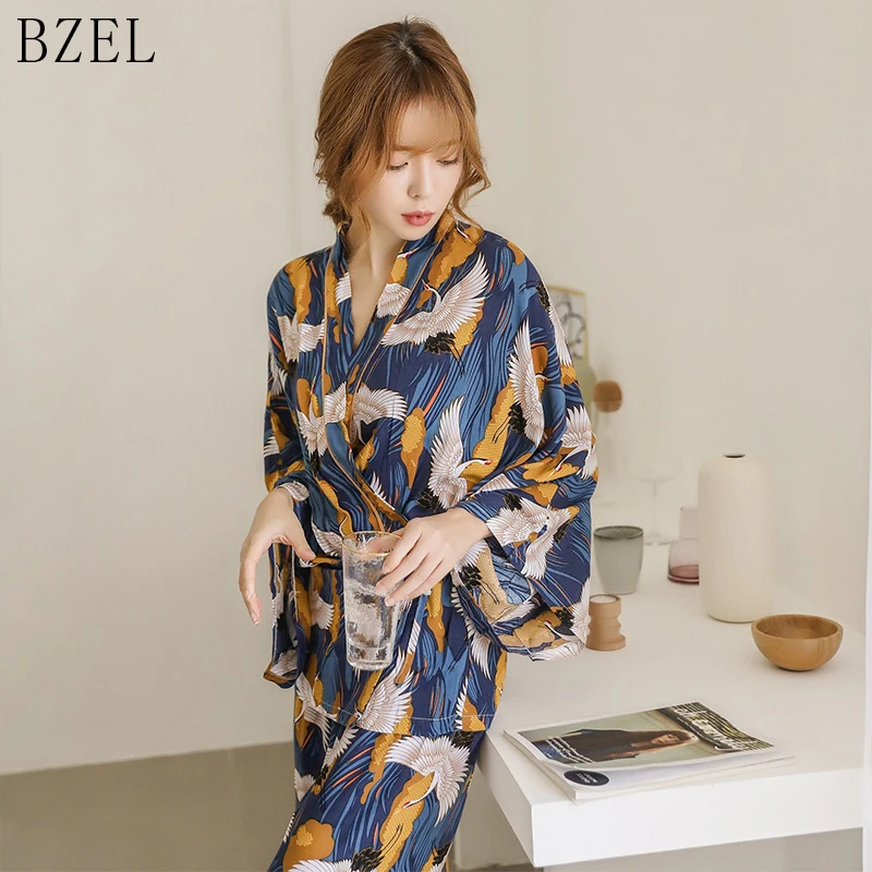 BZEL, хлопок, 2 шт., пижамный комплект, женская сексуальная одежда для сна, длинный рукав, ночная одежда с v-образным вырезом, пижама, женское нижнее белье, пижама