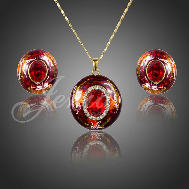 Jenia Fashion Gold Color Red Enamel Oil Painting Austrian Crystal Pendant Earrings Set for Women XS076