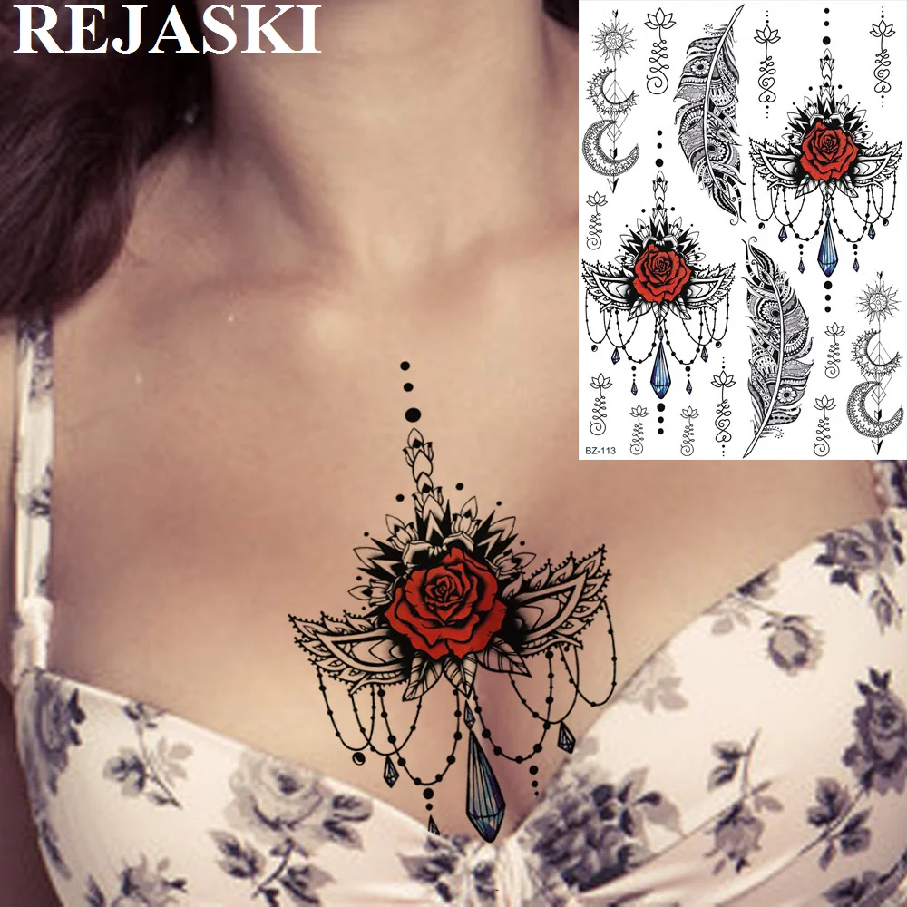 

REJASKI Feather Chains Temporary Tattoos Sticker Rose Sexy Chest Black Henna Waterproof Tatoos Art Custom Tattoo For Women