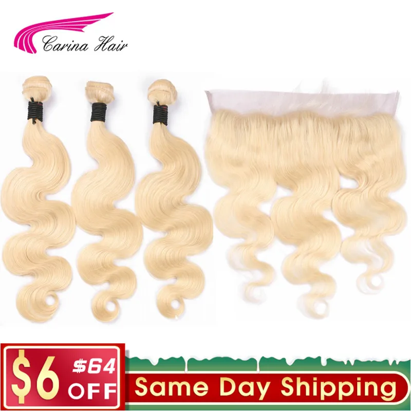

Platinum 613 Blonde Hair Wave Bundles with 13x4 Ear to Ear Lace Frontal Closure Brazilian Carina Remy Human Hair Extension Blond